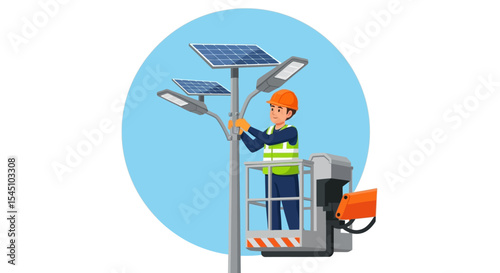 Solar Panel Installation Technician Installing Solar-Powered Street Lights