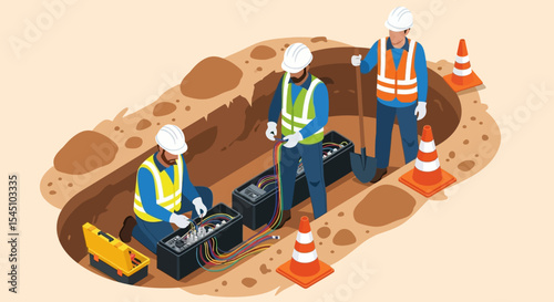 Underground Cable Installation Professional Technicians Working on Electrical Wiring
