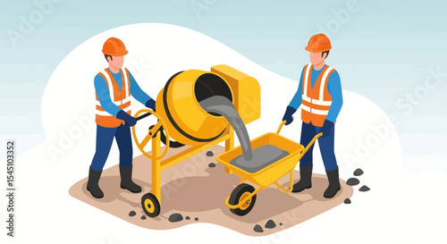 Construction Workers Pouring Cement from Mixer into Wheelbarrow