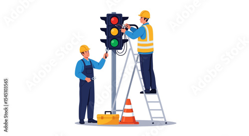 Traffic Light Maintenance Technicians Repairing and Inspecting Signal