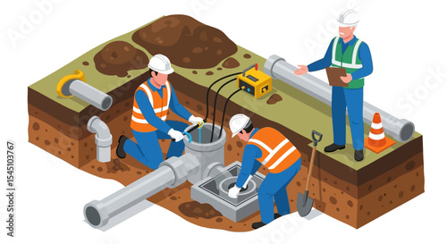 Underground Utility Workers Inspecting and Repairing Pipes