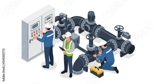 Industrial Pipeline System Maintenance Technicians Inspecting and Repairing Complex Network