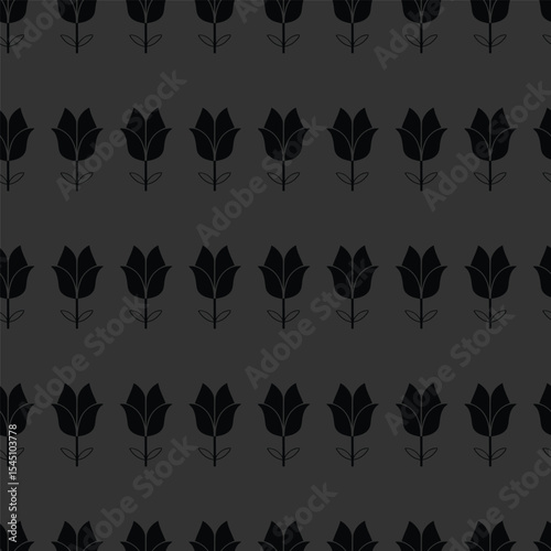 A sophisticated repeating pattern featuring black tulips set against a dark background. This stylish design is perfect for textiles, wallpapers, and any project that needs a touch of elegance and dept