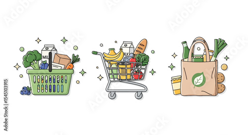 Grocery Shopping Basket, Cart, and Reusable Bag Illustrations