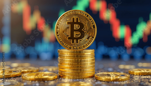 A collection of shining Bitcoin coins is stacked on a surface, with colorful fluctuating stock market graphs in the background, capturing the essence of cryptocurrency trading