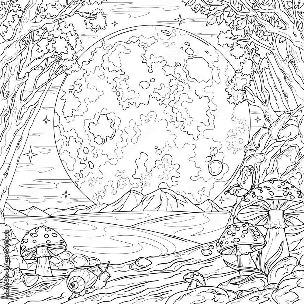 Fototapeta premium Full moon and fly agaric mushrooms in the forest.Coloring book antistress for children and adults.