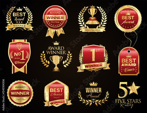 Winners medal logo collection golden award logo design isolated on black background 