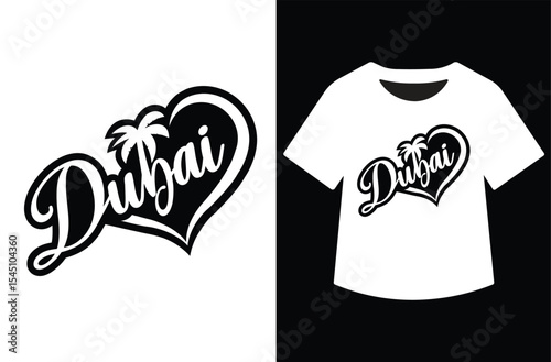 Black and white Dubai graphic design in a heart shape with a palm tree, featured on white and black t-shirts. Bold, modern, symmetrical, and stylish composition.