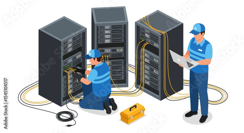 Data Center Technicians Maintaining Server Network Infrastructure