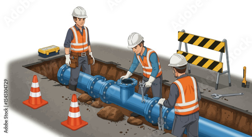 Team of Workers Repairing Underground Pipes Essential Infrastructure Maintenance