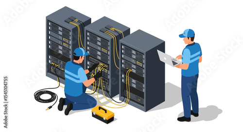 IT Technicians Working on Server Racks Network Maintenance and Repair