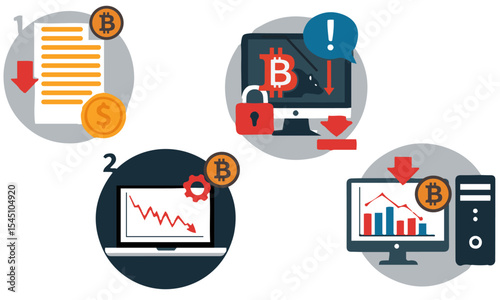 Bitcoin and Cryptocurrency bear market,  illustrations depicting the decline in Bitcoin and cryptocurrency value through various scenarios. These include falling prices impacting income, 