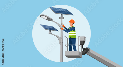 Solar Panel Installation Technician Installing Solar-Powered Street Lights