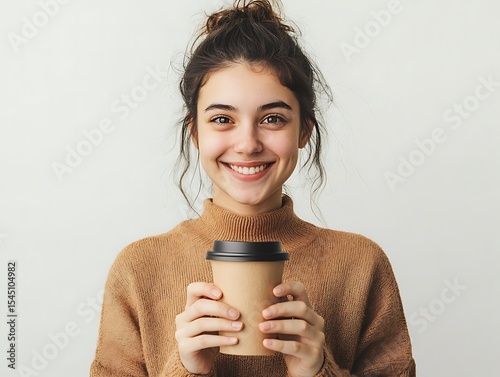 Beautiful smiling woman holding a takeaway coffee cup while standing indoors