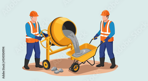 Construction Workers Pouring Concrete from Cement Mixer into Wheelbarrow