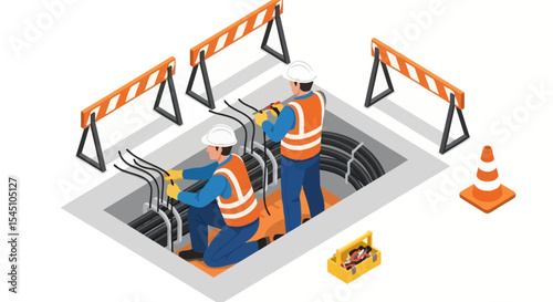 Underground Cable Installation Technicians Working on Fiber Optic Network Infrastructure