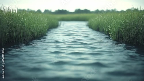 Calm water flows through tall grass.