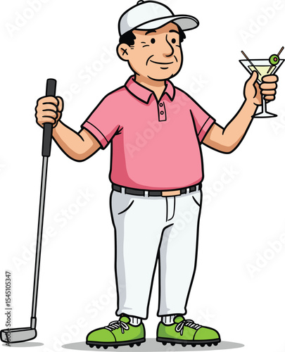 Cheerful Golfer with Golf Club and Cocktail, Casual Sports Illustration