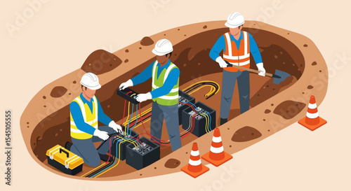 Underground Utility Workers Installing Electrical Cables
