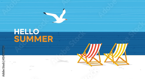 Hello Summer Beach Chairs, Seagull, and Ocean View Illustration