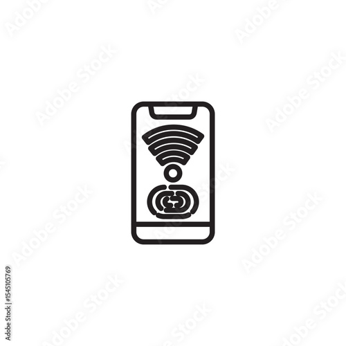 A clean line icon depicts a smartphone with prominent Wi-Fi and signal wave symbols, representing wireless connectivity and data transmission.