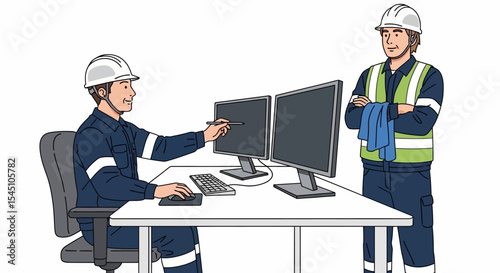 Construction Workers Collaborating on Computer Design