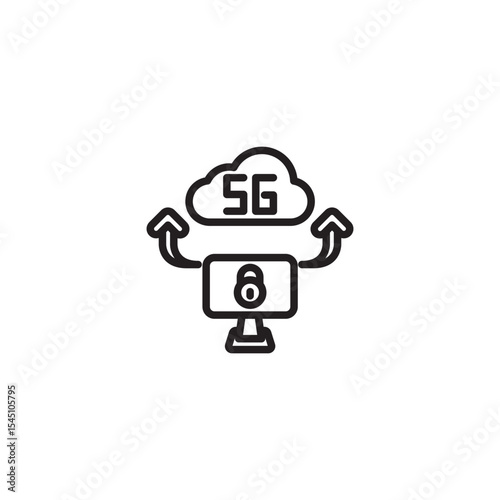 A minimalist icon depicts "5G" in a cloud, connected to a device with a lock symbol, illustrating secure 5G cloud connectivity.