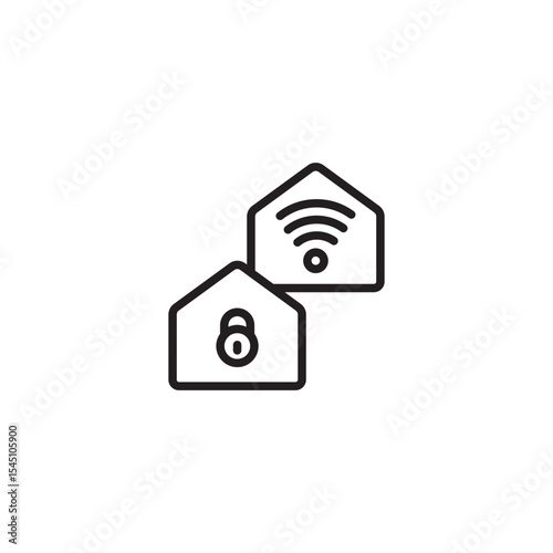 A line art icon features two house outlines: one with a Wi-Fi symbol, the other with a padlock, representing smart home security and connectivity.