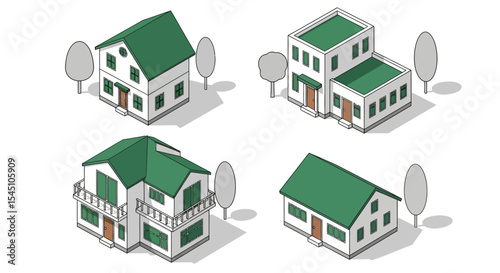 Isometric House Designs Collection of Four Unique Home Illustrations