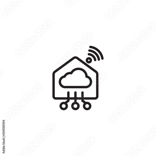 A line art icon of a house with a cloud inside and multiple connected nodes below, topped with a Wi-Fi signal, representing a smart home connected to cloud services and IoT.