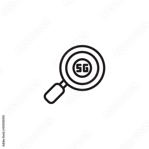 A minimalist line icon featuring a magnifying glass with "5G" inside its lens, symbolizing a focus on or search for 5G technology.