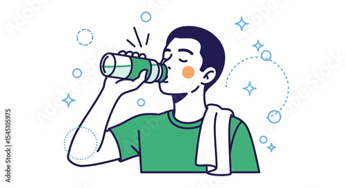 Hydrated Man Drinking Water From Bottle Healthy Lifestyle Illustration