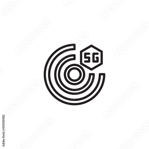 A clean line icon with concentric circles representing a signal or fingerprint, beside a hexagonal shape containing "5G," signifying secure or advanced 5G technology.