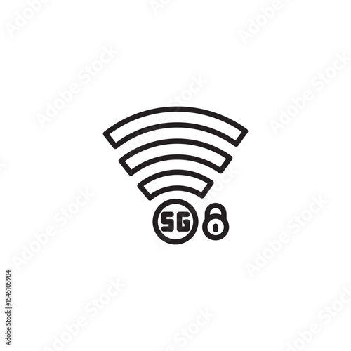 A black and white line icon of a strong Wi-Fi signal with "5G" and a padlock symbol, signifying secure 5G network connectivity.