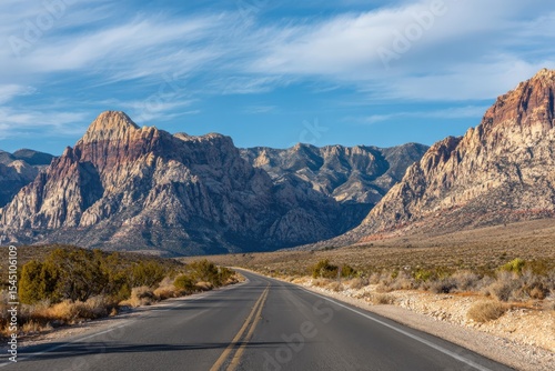 Scenic drive leading into colorful mountains in red rock canyon national conservation area, nevada photo