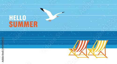Hello Summer Beach Scene with Deck Chairs and Seagull