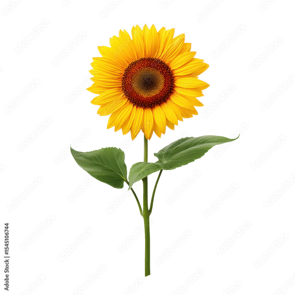 Fototapeta premium Bright and Vibrant Sunflower on a Stem with Green Leaves Isolated on White Background for Nature and Floral Themes Transparent background or png