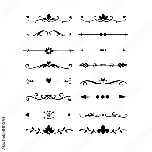 text dividers doodle set. Wedding decorative elements. Divider ornament, borders, floral, vintage line separators. Hand drawn vector illustration isolated on white background. Set page dividers.	
