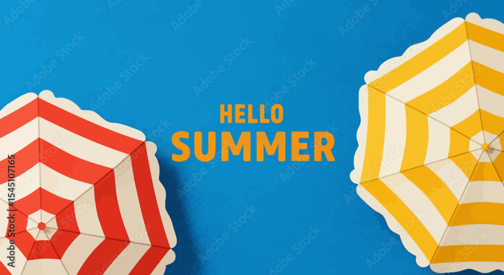 Hello Summer Striped Beach Umbrellas on Blue Background