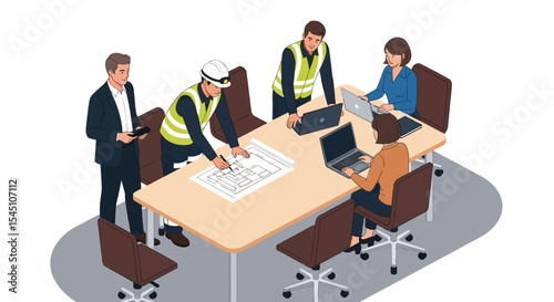 Collaborative Teamwork Architects and Engineers Reviewing Blueprints