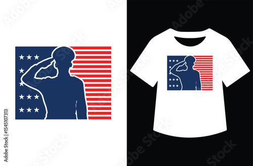 Stylized silhouette of american soldiers in uniform, arranged vertically. Bold red, blue, and american flag background. Clean, patriotic design, perfect for t-shirts, posters, or prints.