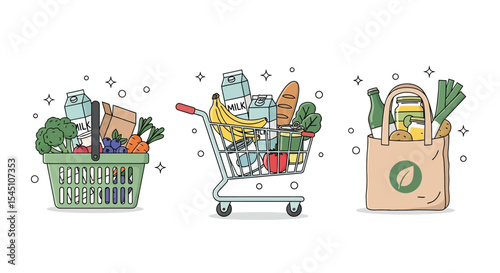 Grocery Shopping Basket, Cart, and Bag Illustrations