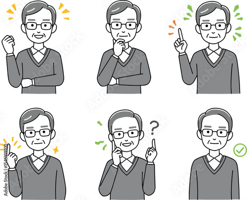 Expressive Cartoon Elderly Man with Various Gestures, Emotional Illustration Set