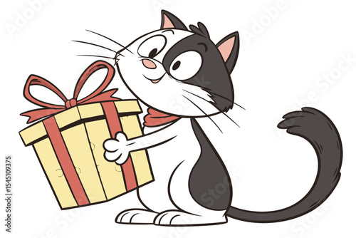 Cartoon cat holds a gift with a bow, wearing a scarf and smiling adorably