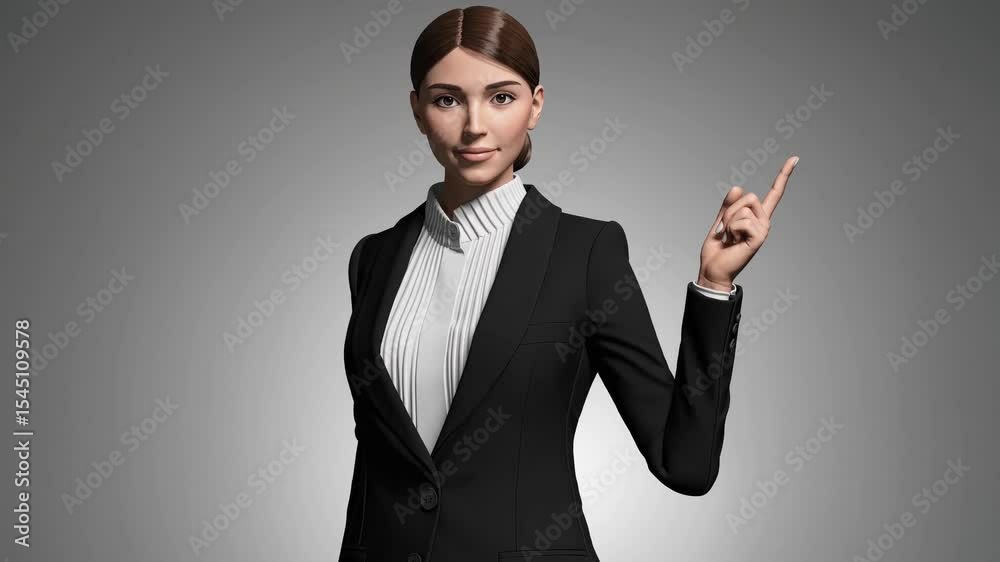 Character render. portrait, half body of young woman with formal dressed, pointing to top side using left hand