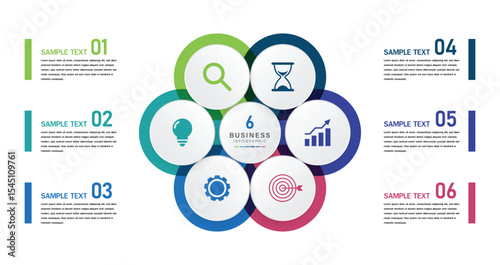Infographic template for business presentation. Circle with title in the middle and 6 steps. Vector illustration