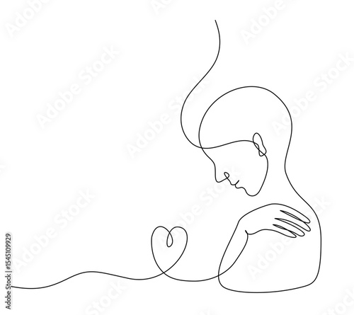 Continuous line art of a person with heart symbol in mental health concept, editable stroke.