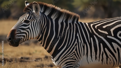 Close-up of a zebra, profile view,  black and white stripes,  savanna backdrop