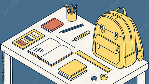 Isometric view of a desk with a yellow backpack and various school supplies neatly arranged on top