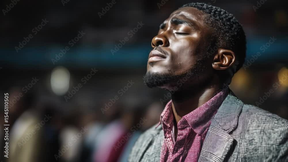 A man experiencing a moment of deep reflection in a crowded event setting A man experiencing a moment of deep reflection in a crowded event setting